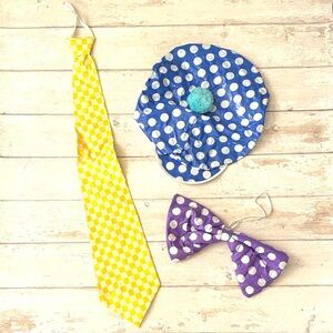 Oversized Clown Costume Pieces Blue Hat Bow Tie & Tie Halloween Dress Up